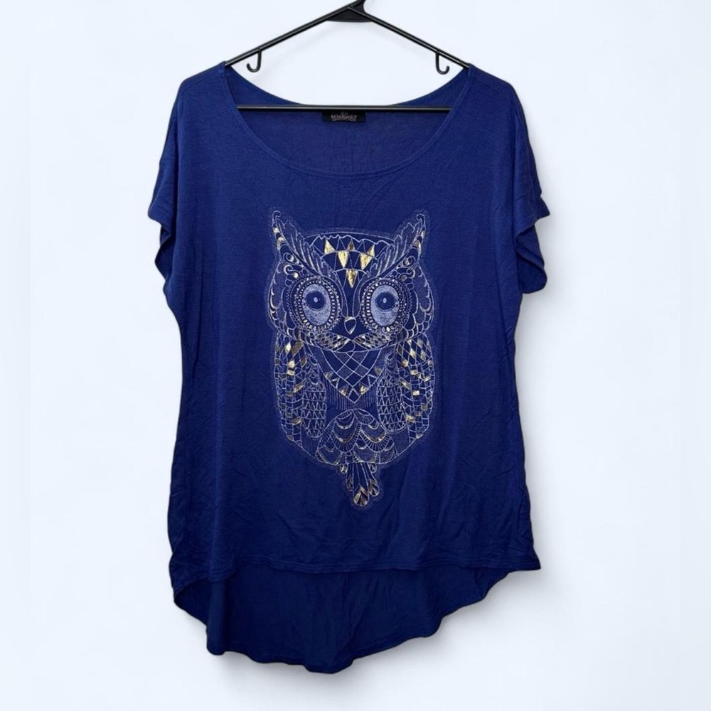 Miss Royal T Metallic Owl Short Sleeve High Low Top in Blue Size XL